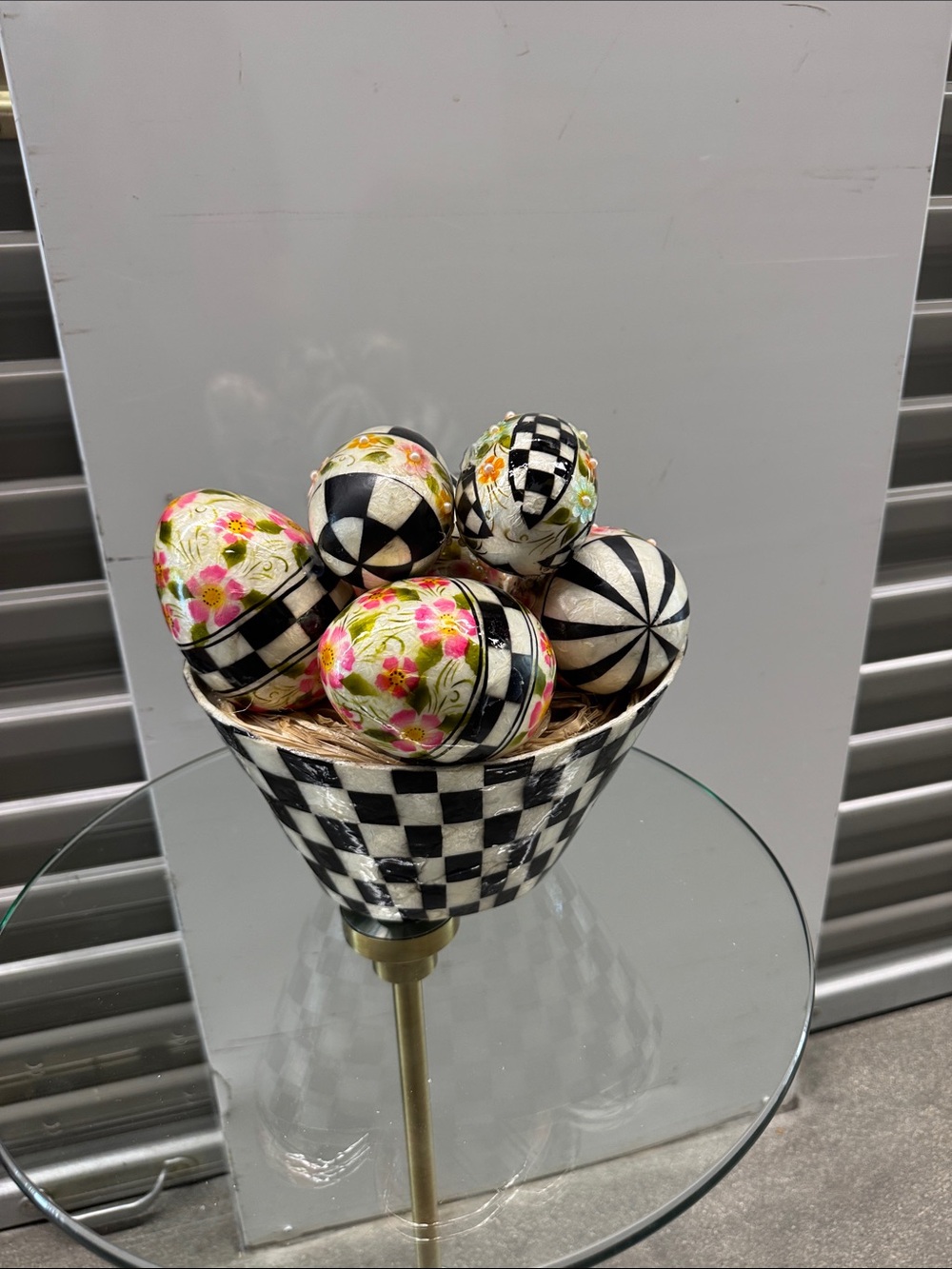 Decorative Checkerboard Bowl with Floral & Black-White Painted Eggs